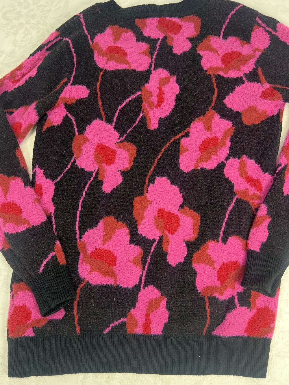Cabi Floral Intarsia V-Neck Sweater Black Pink Poppy Pullover Womens XS